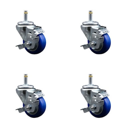 Service Caster 3'' Blue Poly Swivel 7/16'' Grip Ring Stem Caster Set with Brake, 4PK SCC-GR20S314-PPUB-BLUE-TLB-716138-4